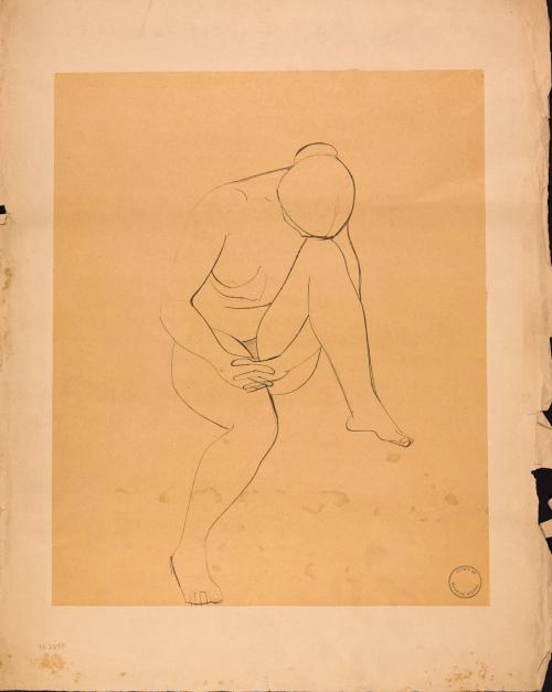 [Seated nude woman with head on knee]