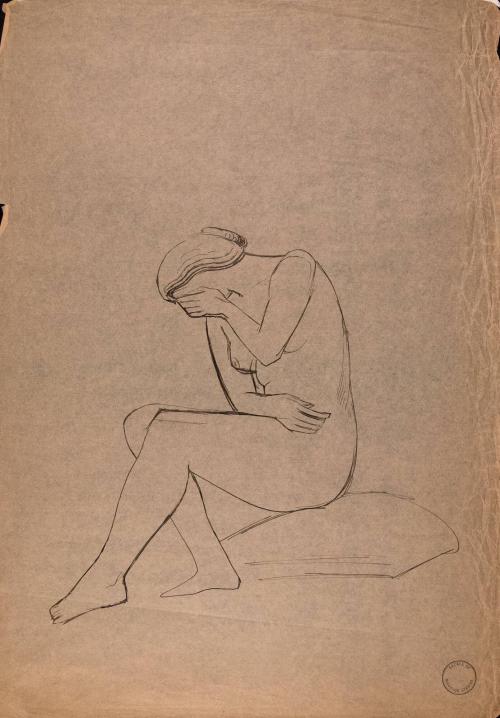 [Seated nude woman with left hand covering face]