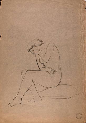 [Seated nude woman with left hand covering face]