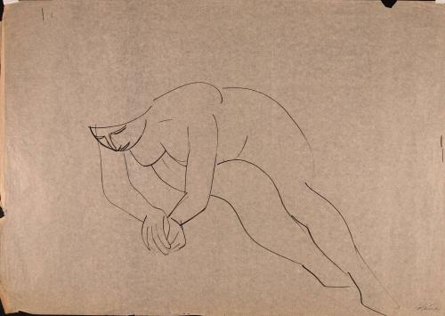 [Seated nude woman leaning on elbows]