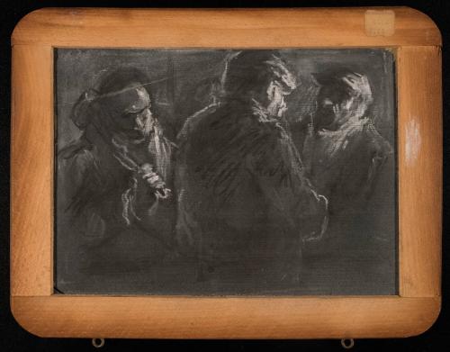 untitled [a. three workers; b. “Show” five people standing outside theater]