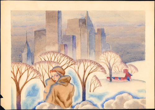 [Winter scene cityscape with woman]