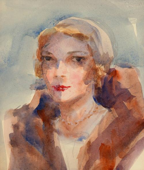 [Portrait of woman wearing mink stole with hat (Mary Petty)]