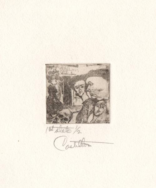 [Three men, woman and skull]