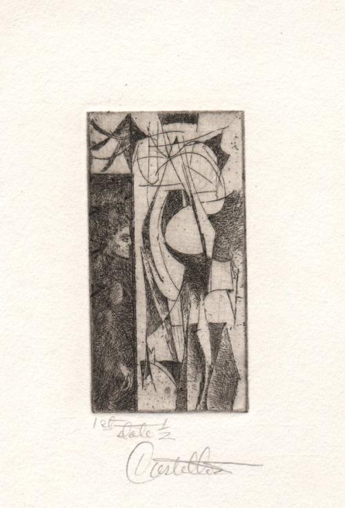 [Woman standing in profile next to an abstract design]
