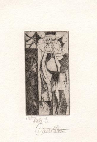 [Woman standing in profile next to an abstract design]
