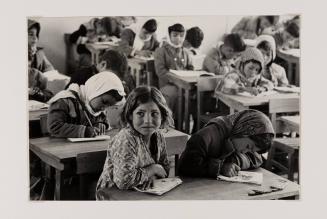 Bedouin girls with Bedouin boys in a classroom, few girls go to school, Negev desert, Israel, 1962