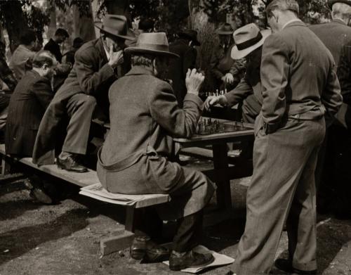 "The End Game" -- Elderly Men Playing Chess, Westlake-MacCarthur Park, Los Angeles, CA, 1950s