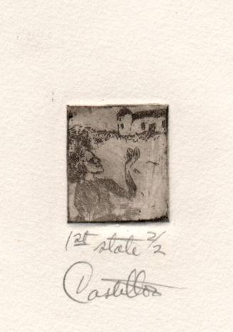 Untitled, figure in foreground house in back