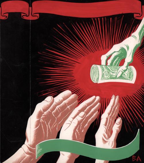 (20) untitled [book cover design, three hands at bottom, reaching up toward fourth hand holding out a roll of money from above]