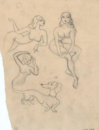 (71) untitled [sketch, three nudes (female) and a dog (dachshund)]