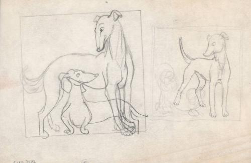 (106) untitled [sketch, two dogs left side, big dog with dachshund, cartoon features]