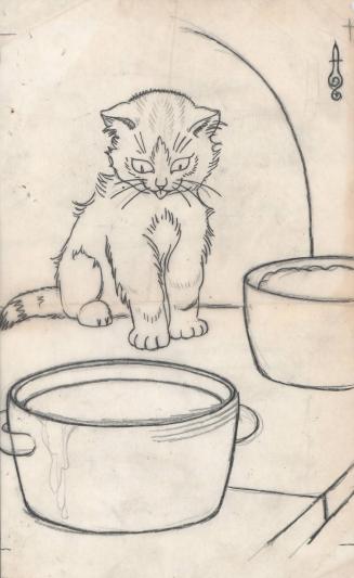 (119) untitled [sketch, kitten looking at a pot of food]