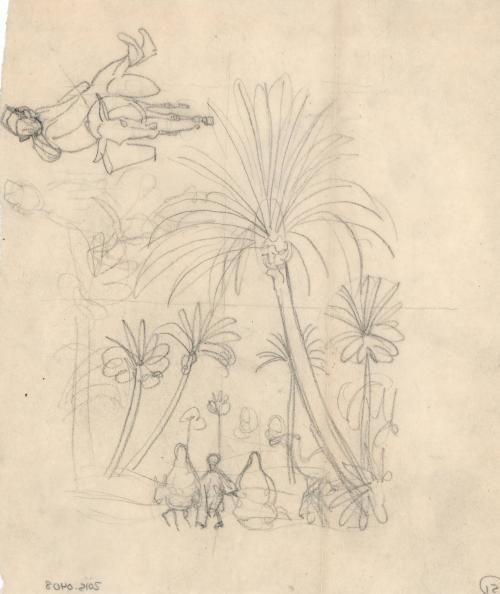 (151) untitled [sketch, palm trees, camel, figures (Middle Eastern men), and a figure riding a donkey]