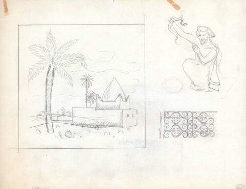 (153) untitled [sketches, Middle Eastern landscape with buildings/fortress; snake charmer]