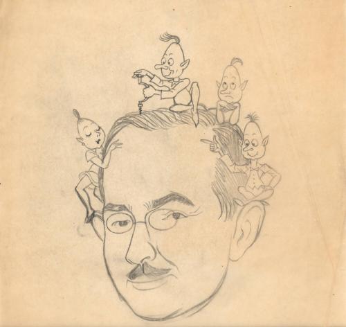 (165) untitled [self-portrait of Boris Artzybasheff with Gremlins on his head]