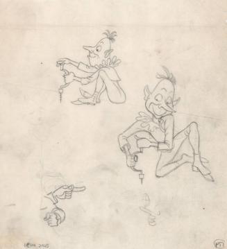 (174) untitled [sketches, two Gremlins using a hand crank drill from different angles]