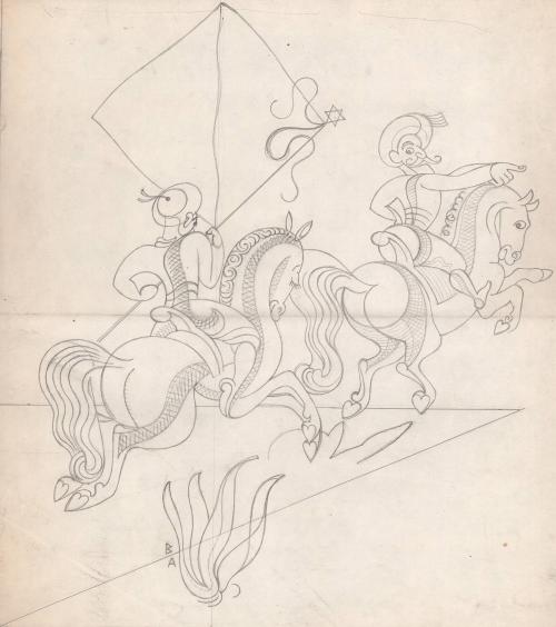 (185) untitled [sketch, two Middle Eastern attired men on horseback]