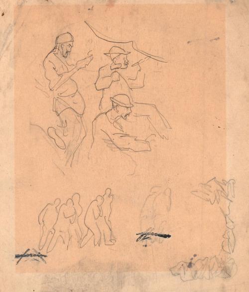 Three workmen and crouching figures beneath