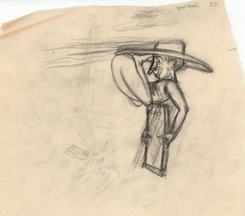 (22)  untitled [sketch, figure balanced on his hat, holding up a mirror on his back toward a flying bird]