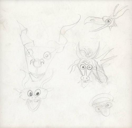 (35)  untitled [sketches, masks and dragons; verso sketch, “Perambulating Vegetables”]