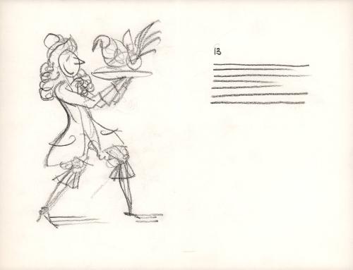 (36)  untitled [sketch, 18th century costumed man with platter; verso sketches of various critters]