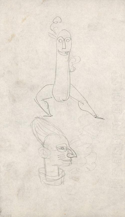 (39)  untitled [two sketches, armless figure dancing (a hotdog?) and African mask-style head]