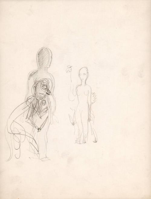 (44)  untitled [sketch, two false front figures with figures hiding behind each, carrying knives]