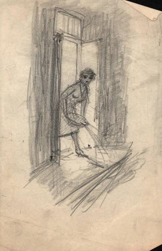 (48)  untitled [sketch, woman dumping a pan of water out the door]