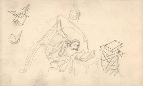 (71)  untitled [sketch, book with wings, one figure pointing at book on desk, forcing seated figure to read it]