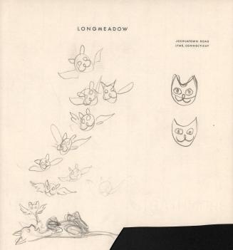 (82)  untitled [sketch, several sketches of kitty faces, sketch of sleeping/dead cat on its back with flying kitties exiting from its open mouth]