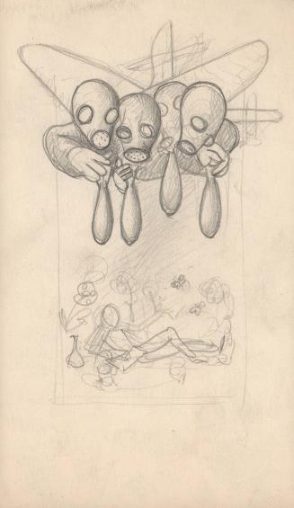 (110)  untitled [sketch, four figures flying in plane wearing gas masks preparing to drop bombs on picnicking figure below]