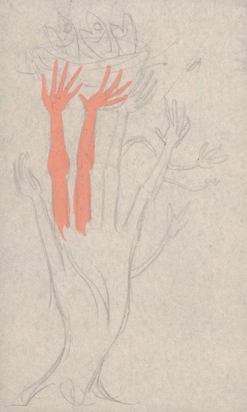 (130)  untitled [sketch, hand/tree with arms for branches with bowl of fish at top]