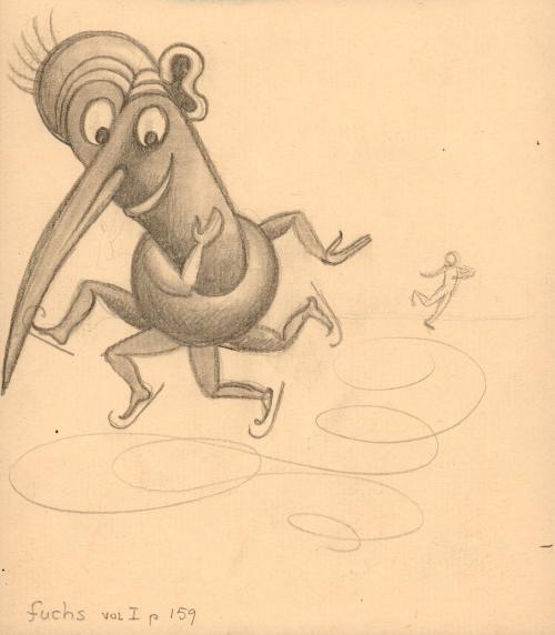 (203)  untitled [sketch, four-legged creature ice-skating]