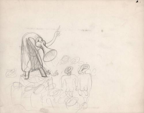 (206)  untitled [sketch, horn/bellows creature giving a speech; verso pencil sketch of a standing woman]