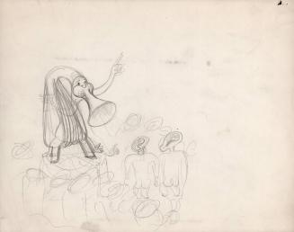 (206)  untitled [sketch, horn/bellows creature giving a speech; verso pencil sketch of a standing woman]