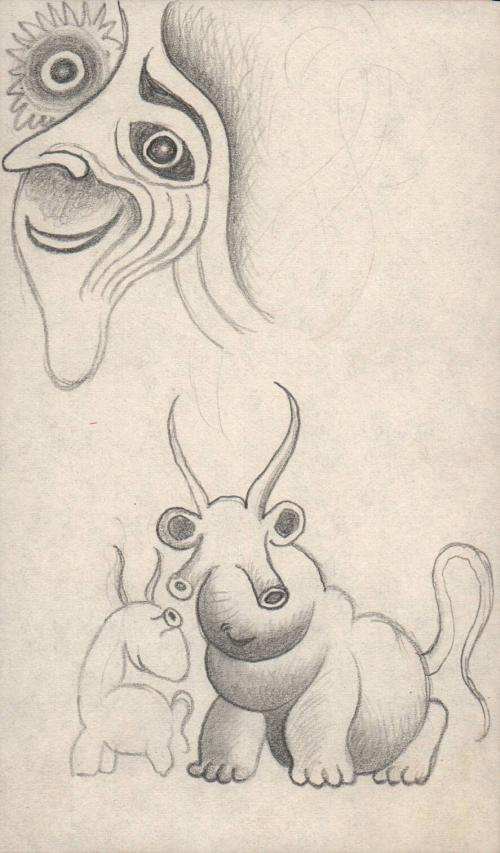 [Sketch, stylized head with two creatures]