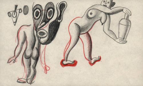 [Sketch of a face and two nude figures]