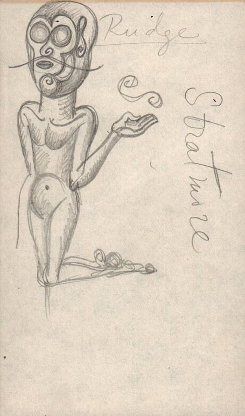 [Sketch of kneeling nude figure with mask/helmet-like head]