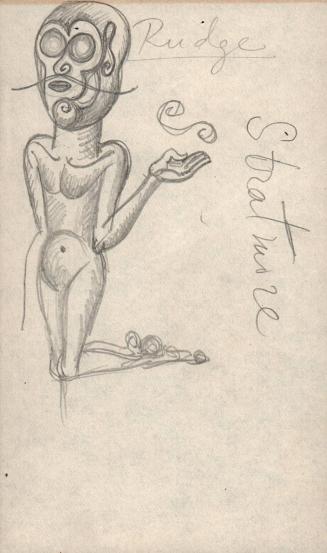 [Sketch of kneeling nude figure with mask/helmet-like head]