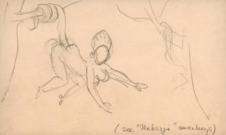 [Sketch of woman swinging from tree branch with monkey tail]