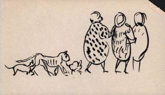 [Sketch of three women in fur coats and three cats]