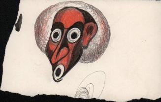 [Sketch of black and red mask-like face]