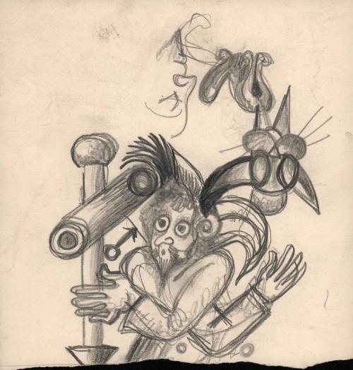 [Sketch of man with contraption and cat]