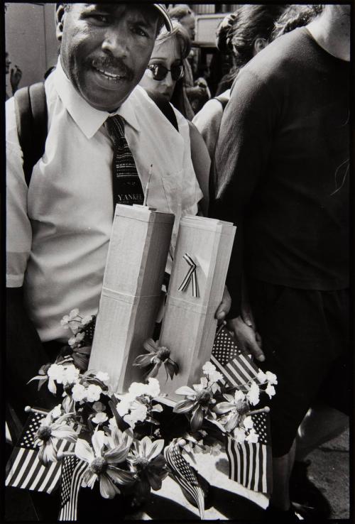 Man holding model of the World Trade Center, World Trade Center, New York City, USA