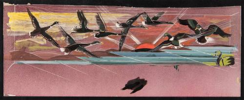 untitled [mallard ducks, flight and landing at sunset]