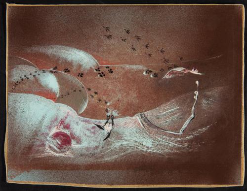 untitled [landscape, brown with turquoise highlights, red sun, animal tracks, a feather and a rabbit running away]