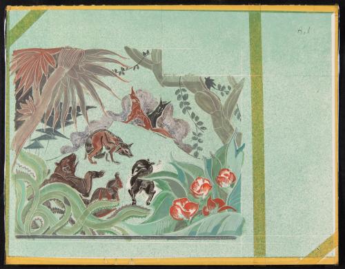 untitled [wolves, boar, bear, green background with red flowers]