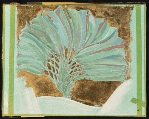 untitled [palm tree fronds, fanned out, green with metalic gold]