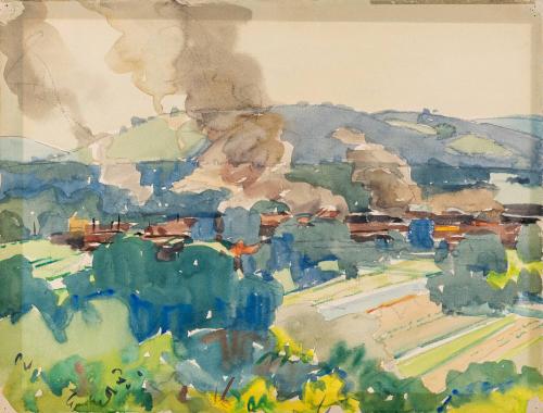 [Rural village landscape with smoke plumes]